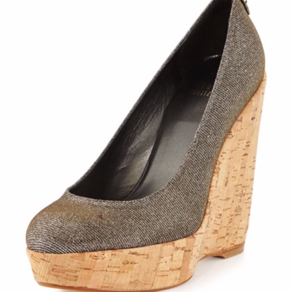 Stuart Weitzman "Corkswoon" Pyrite Cork Wedges Silver and Cork Size 6 with Box - Picture 2 of 11